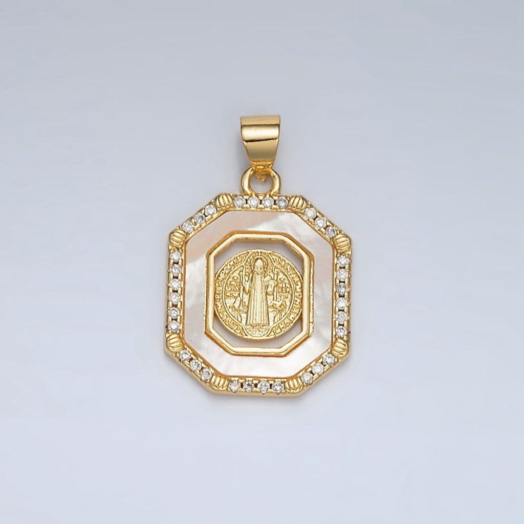 24K Gold plated Saint Benedict Shell Pearl Micro Paved CZ Open Hexagonal Pendant | AH185 - DLUXCA