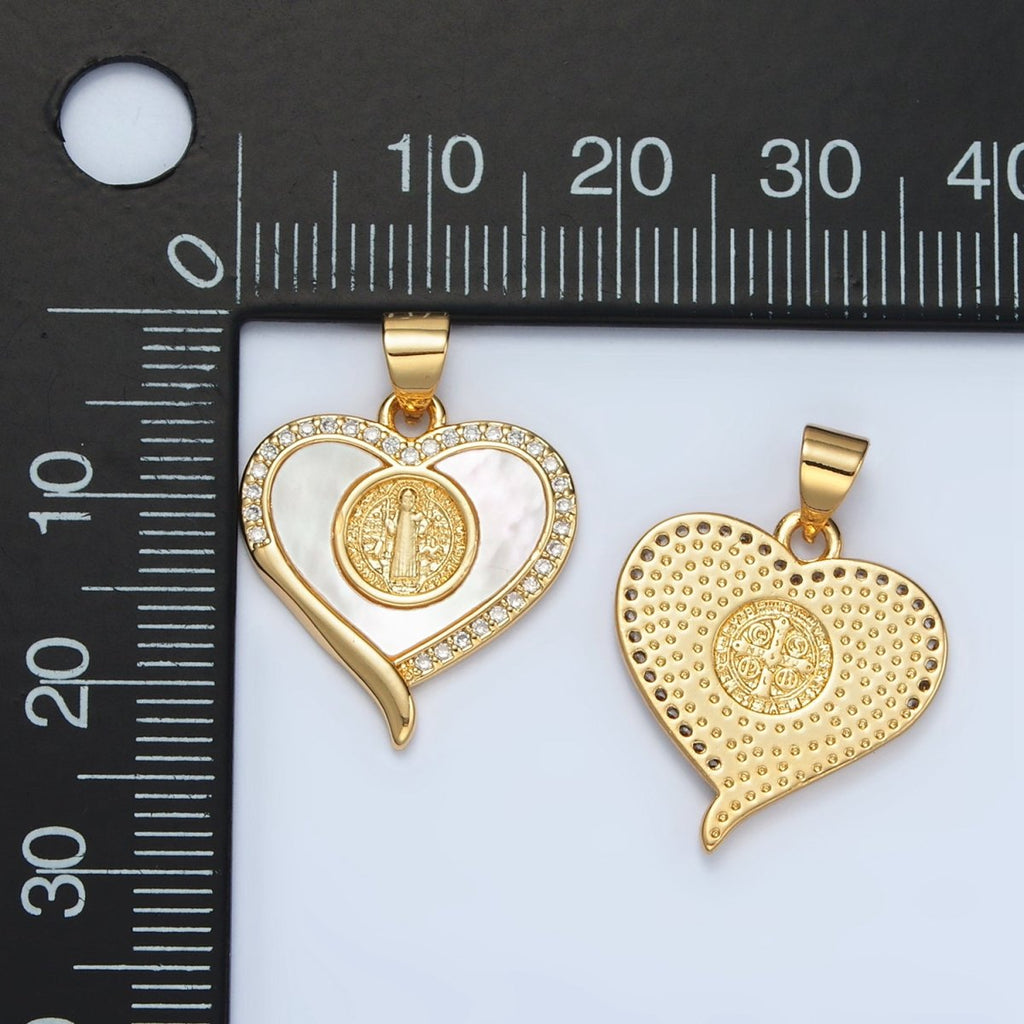 24K Gold plated Saint Jude Religious Figure Shell Pearl Micro Paved CZ Heart Pendant | I175 - DLUXCA