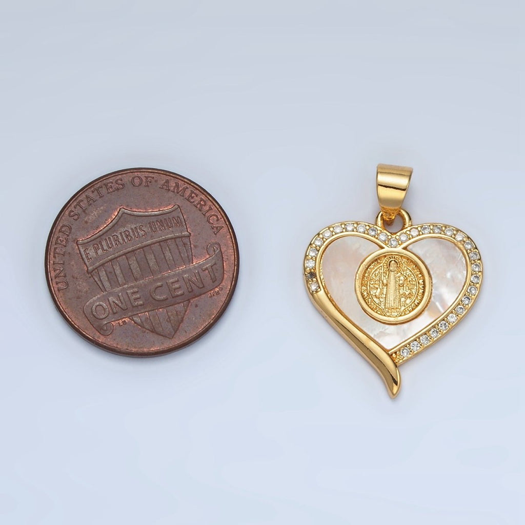 24K Gold plated Saint Jude Religious Figure Shell Pearl Micro Paved CZ Heart Pendant | I175 - DLUXCA