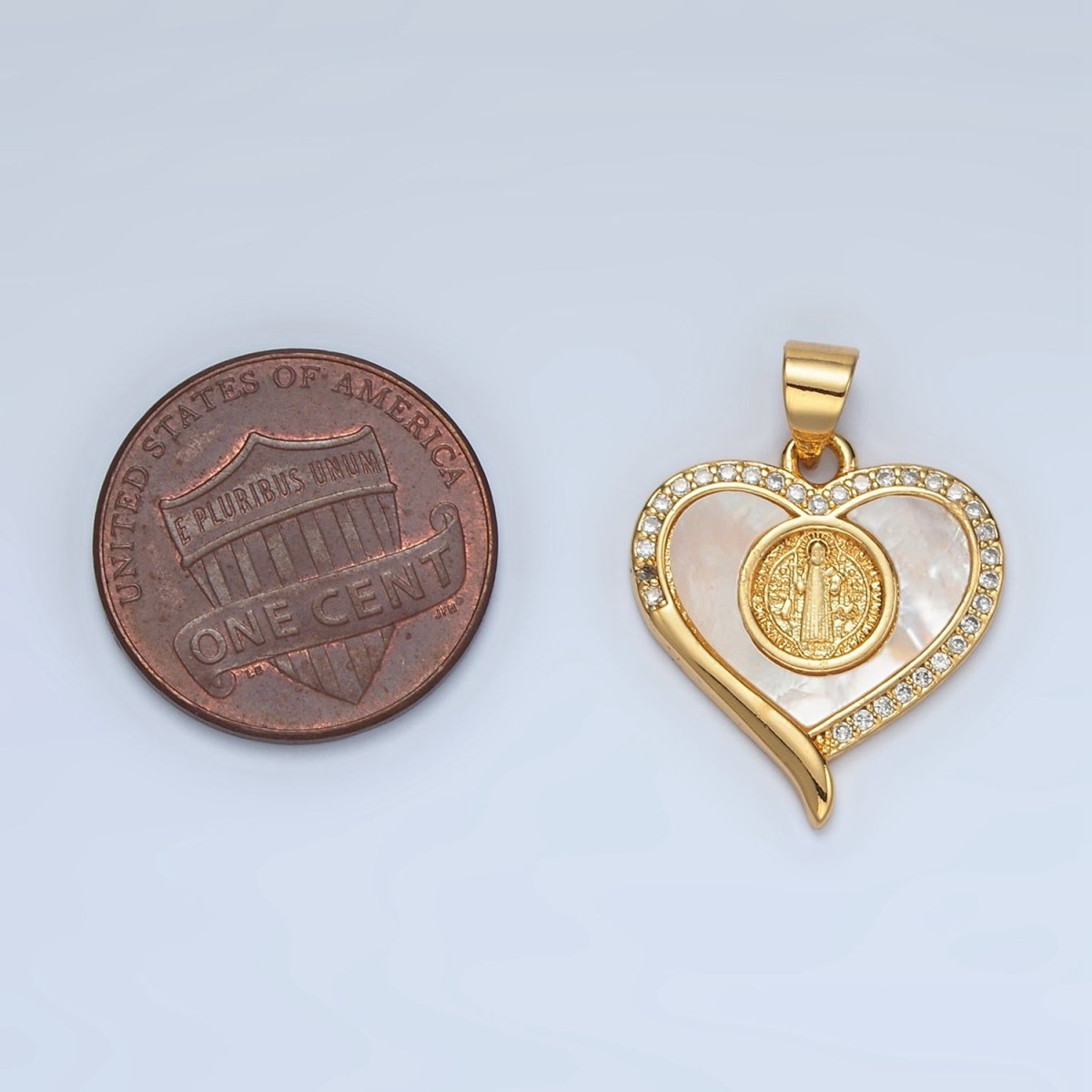 24K Gold plated Saint Jude Religious Figure Shell Pearl Micro Paved CZ Heart Pendant | I175 - DLUXCA