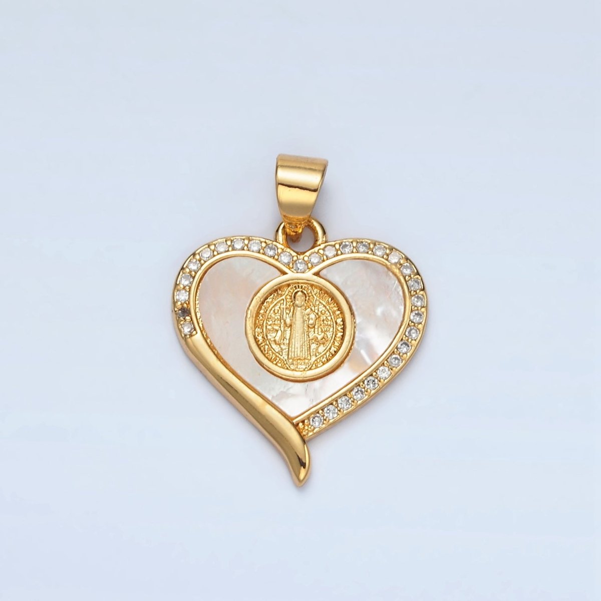 24K Gold plated Saint Jude Religious Figure Shell Pearl Micro Paved CZ Heart Pendant | I175 - DLUXCA