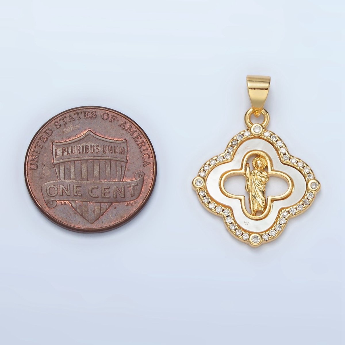 24K Gold plated Saint Jude Religious Figure Shell Pearl Micro Paved CZ Quatrefoil Pendant | I109 - DLUXCA
