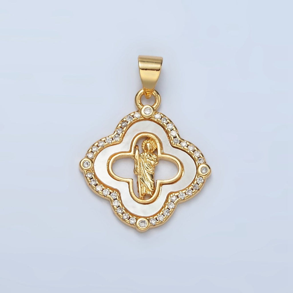 24K Gold plated Saint Jude Religious Figure Shell Pearl Micro Paved CZ Quatrefoil Pendant | I109 - DLUXCA