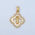 24K Gold plated Saint Jude Religious Figure Shell Pearl Micro Paved CZ Quatrefoil Pendant | I109 - DLUXCA