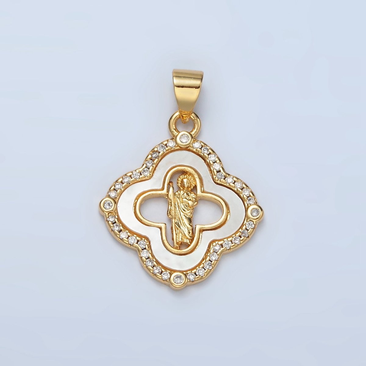 24K Gold plated Saint Jude Religious Figure Shell Pearl Micro Paved CZ Quatrefoil Pendant | I109 - DLUXCA