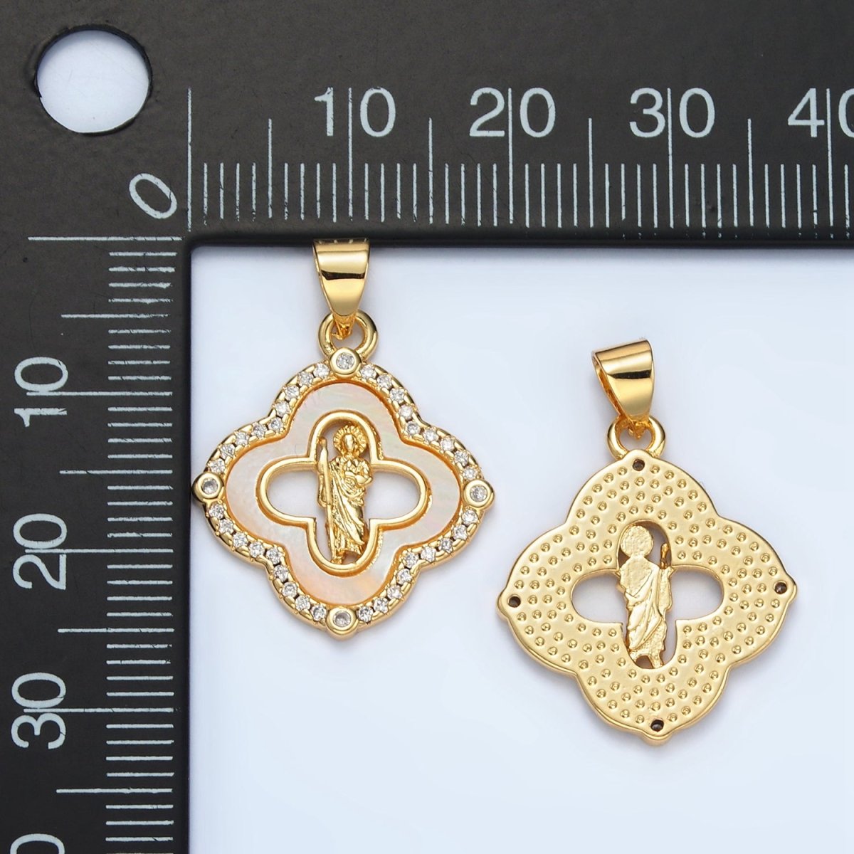24K Gold plated Saint Jude Religious Figure Shell Pearl Micro Paved CZ Quatrefoil Pendant | I109 - DLUXCA