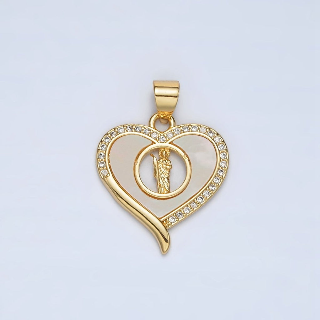 24K Gold plated Saint Jude Shell Pearl Micro Paved CZ Open Heart Pendant | AH178 - DLUXCA