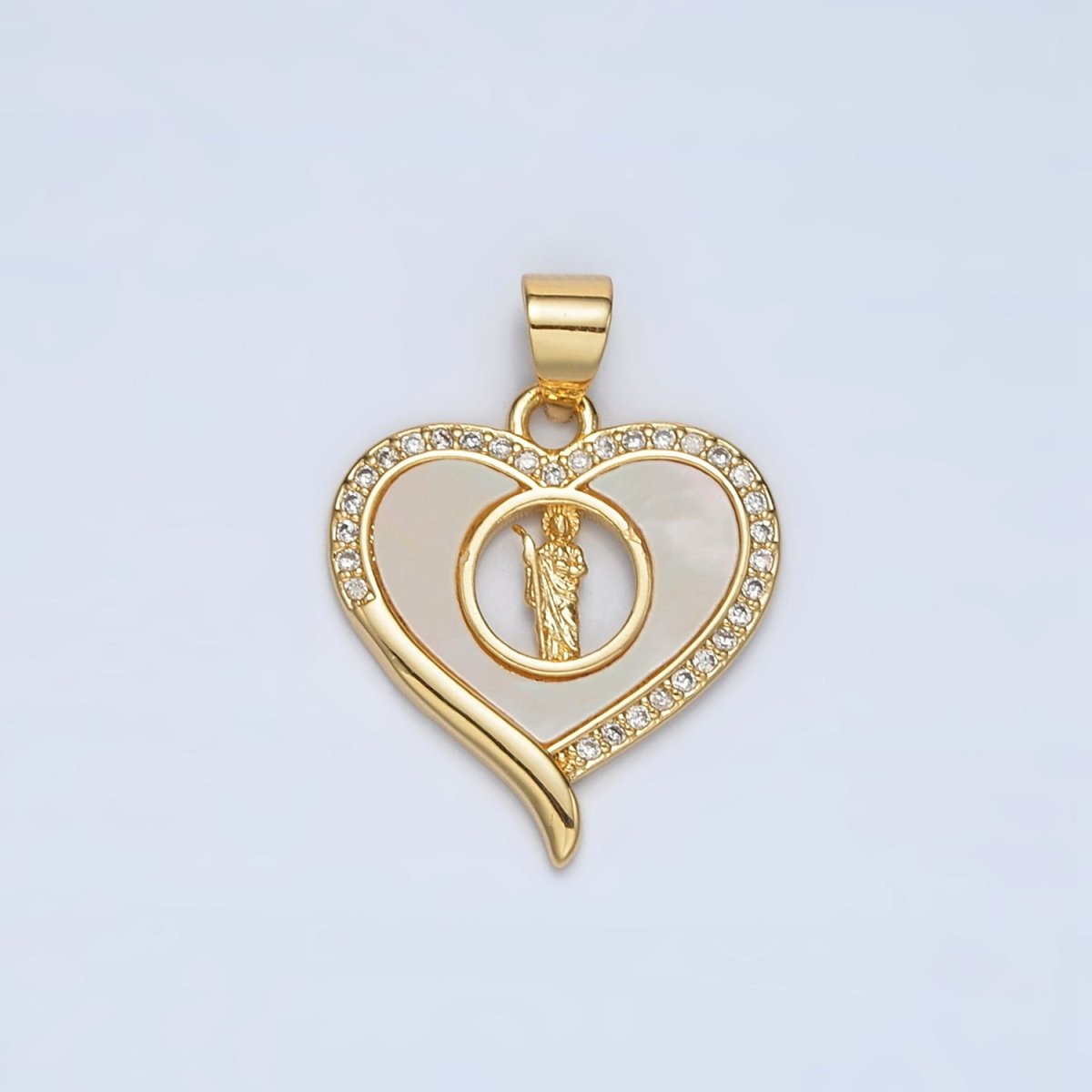24K Gold plated Saint Jude Shell Pearl Micro Paved CZ Open Heart Pendant | AH178 - DLUXCA