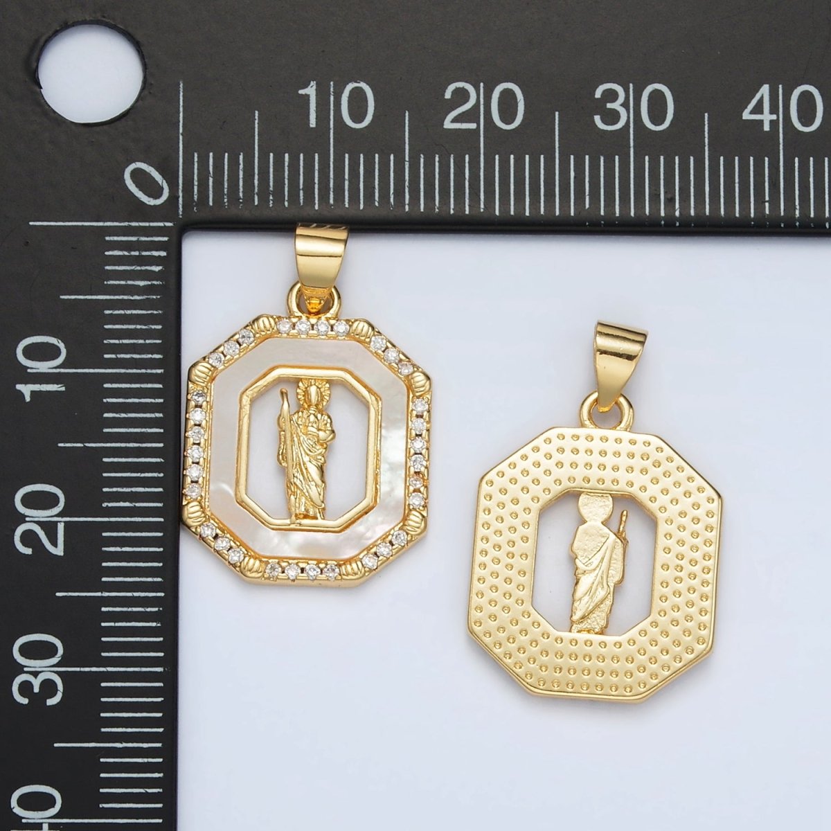 24K Gold plated Saint Jude Shell Pearl Micro Paved CZ Open Hexagonal Pendant | AH181 - DLUXCA