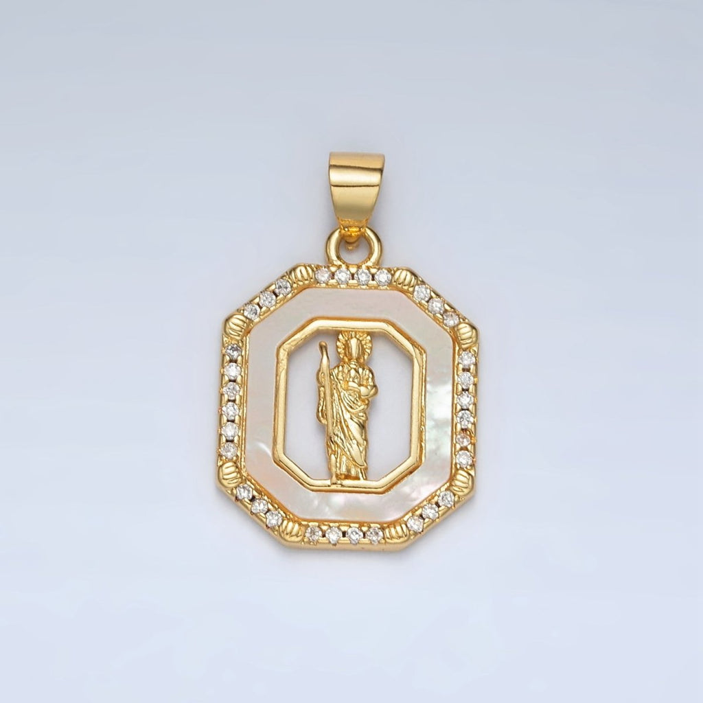 24K Gold plated Saint Jude Shell Pearl Micro Paved CZ Open Hexagonal Pendant | AH181 - DLUXCA