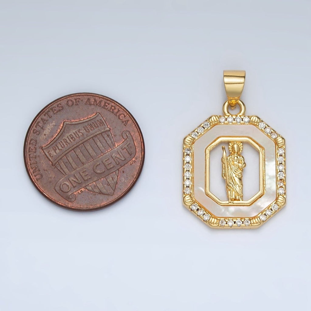 24K Gold plated Saint Jude Shell Pearl Micro Paved CZ Open Hexagonal Pendant | AH181 - DLUXCA