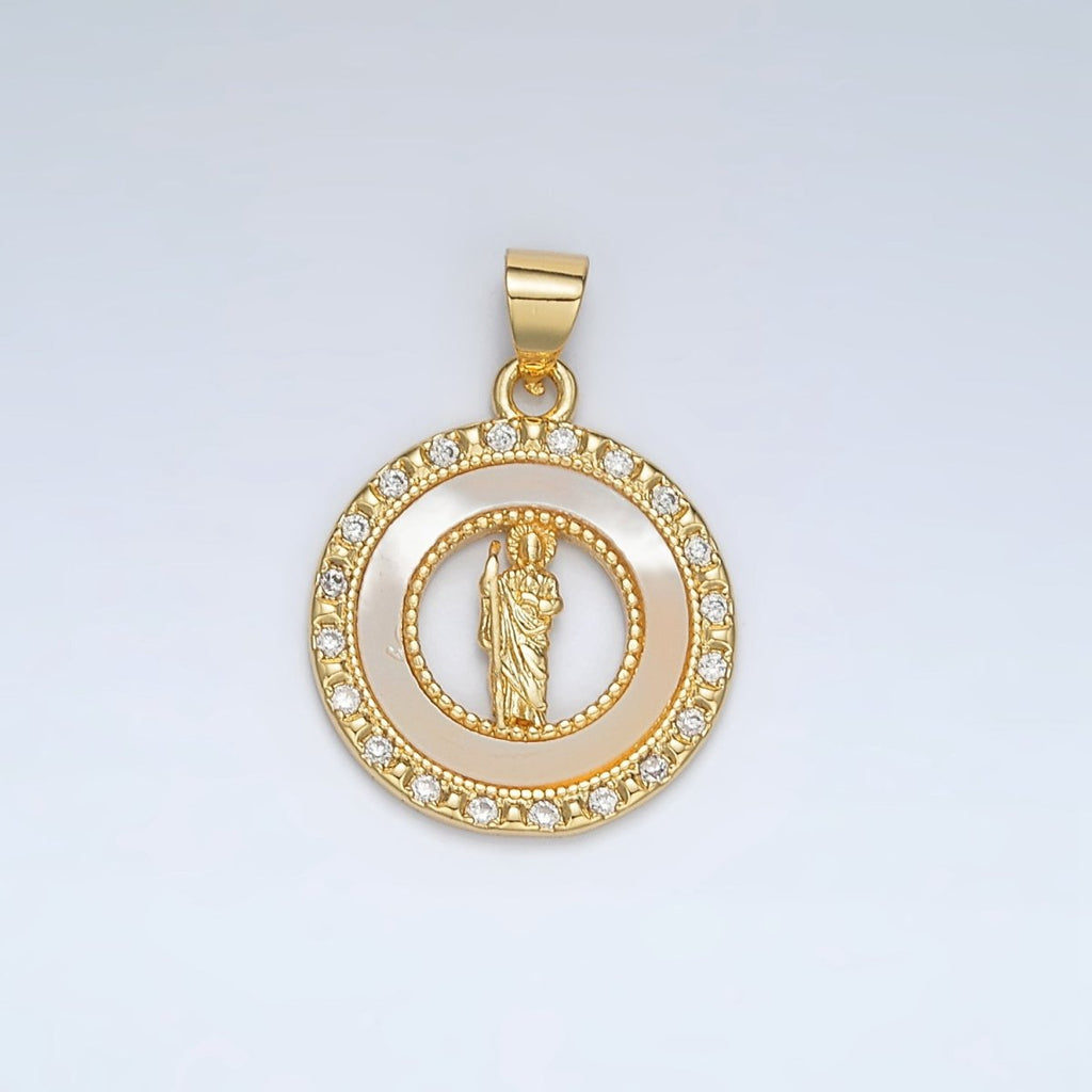 24K Gold plated Saint Jude Shell Pearl Micro Paved CZ Open Round Pendant | AH183 - DLUXCA