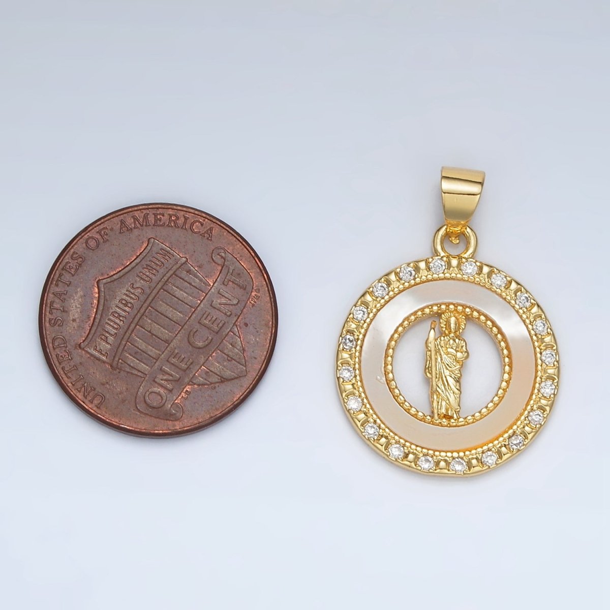 24K Gold plated Saint Jude Shell Pearl Micro Paved CZ Open Round Pendant | AH183 - DLUXCA