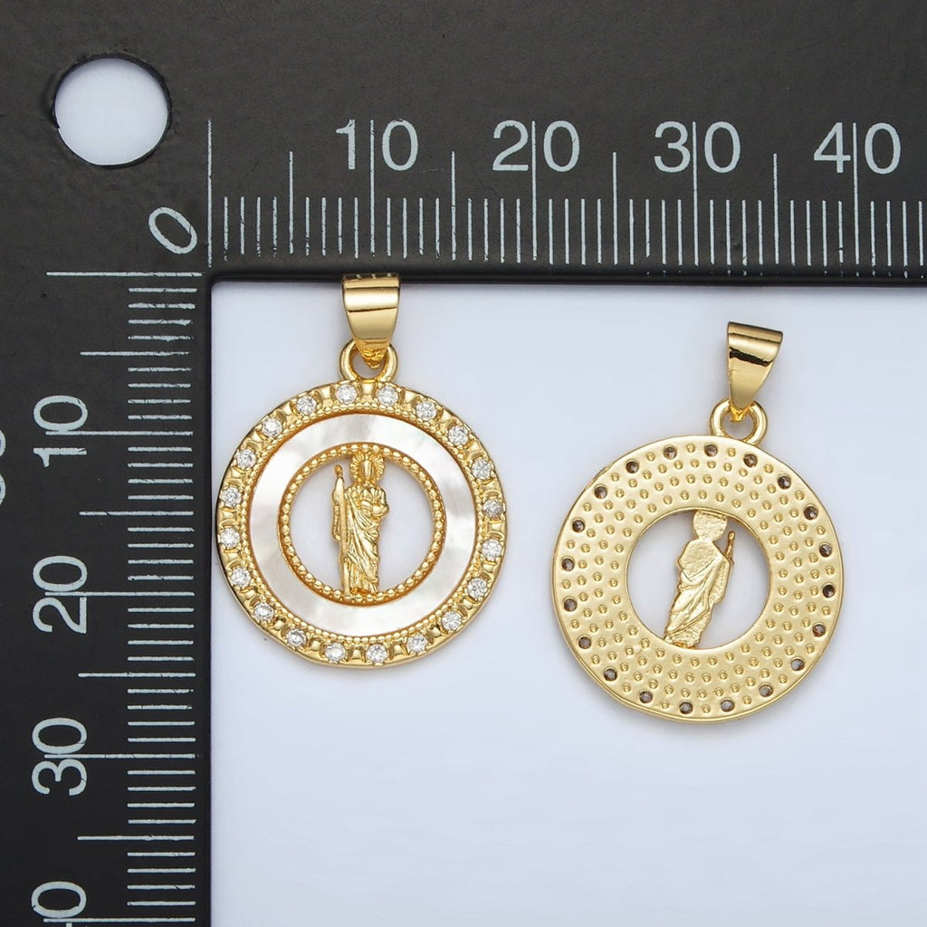 24K Gold plated Saint Jude Shell Pearl Micro Paved CZ Open Round Pendant | AH183 - DLUXCA