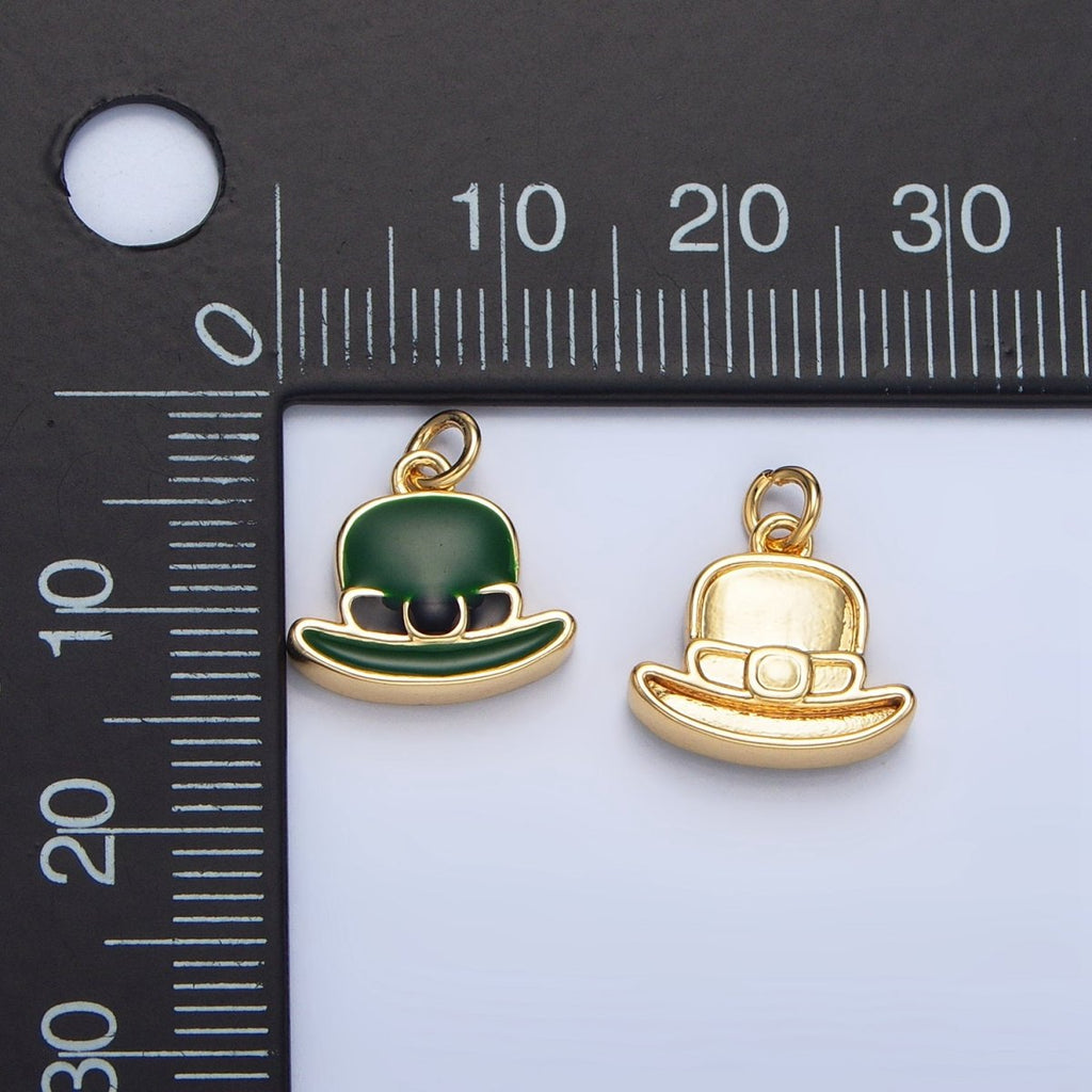 24K Gold plated Saint Patrick Green Bowler Hat Enamel Charm in Gold & Silver | N1318