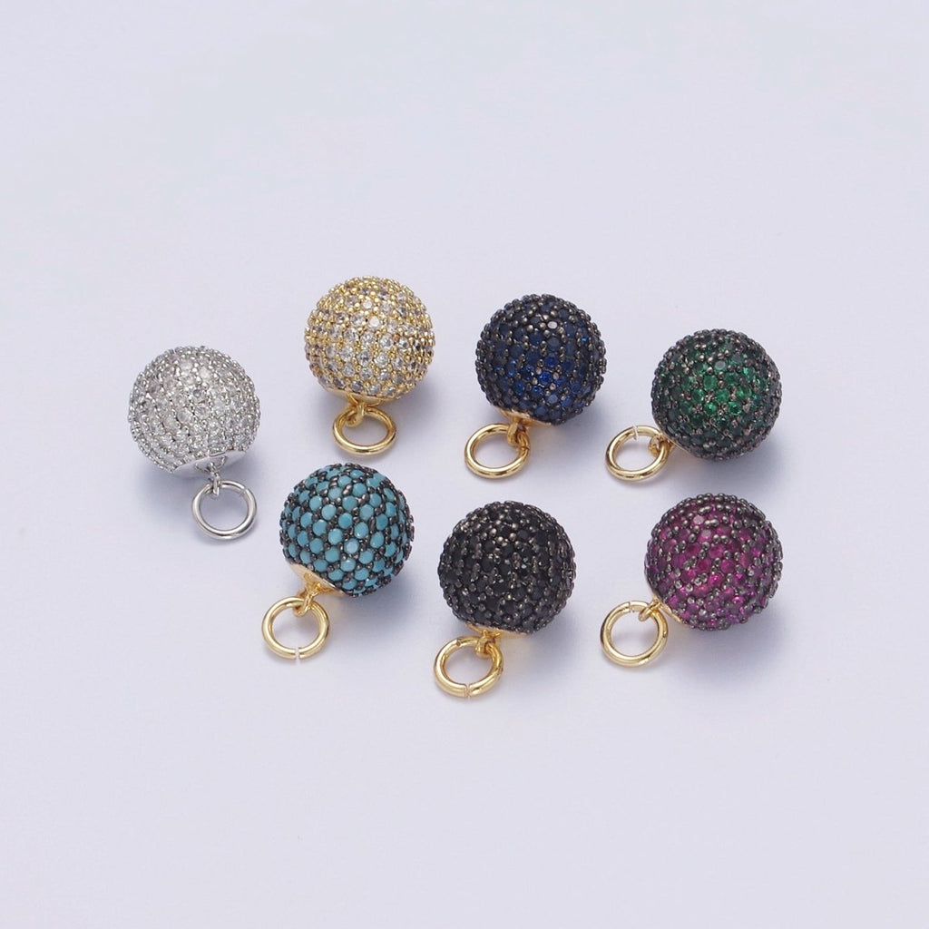 24K Gold plated Shambala Bead Ball Green, Black, Blue, Fuchsia, Turquoise, Clear, Silver Micro Paved CZ Charm N-314 - N-320 - DLUXCA