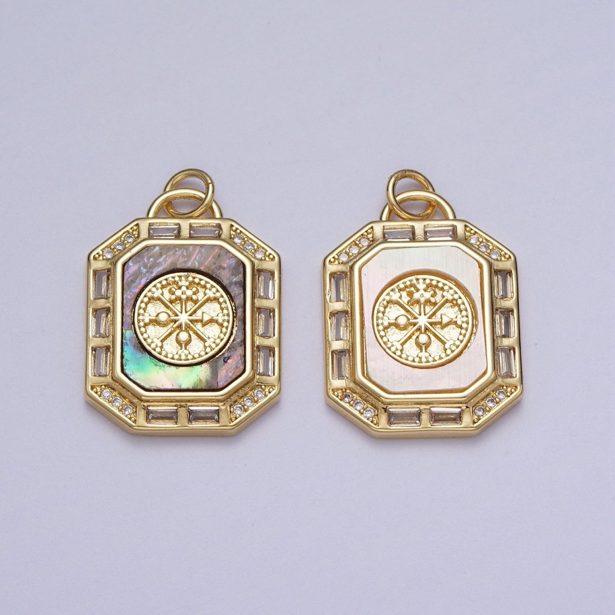 24K Gold plated Shell Pearl, Abalone Tag Tile Compass Baguette Octagonal Charm E-743 N-390 - DLUXCA