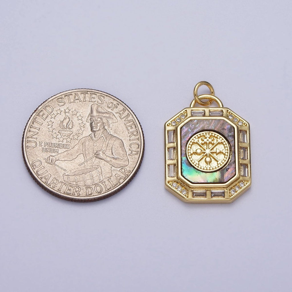 24K Gold plated Shell Pearl, Abalone Tag Tile Compass Baguette Octagonal Charm E-743 N-390 - DLUXCA