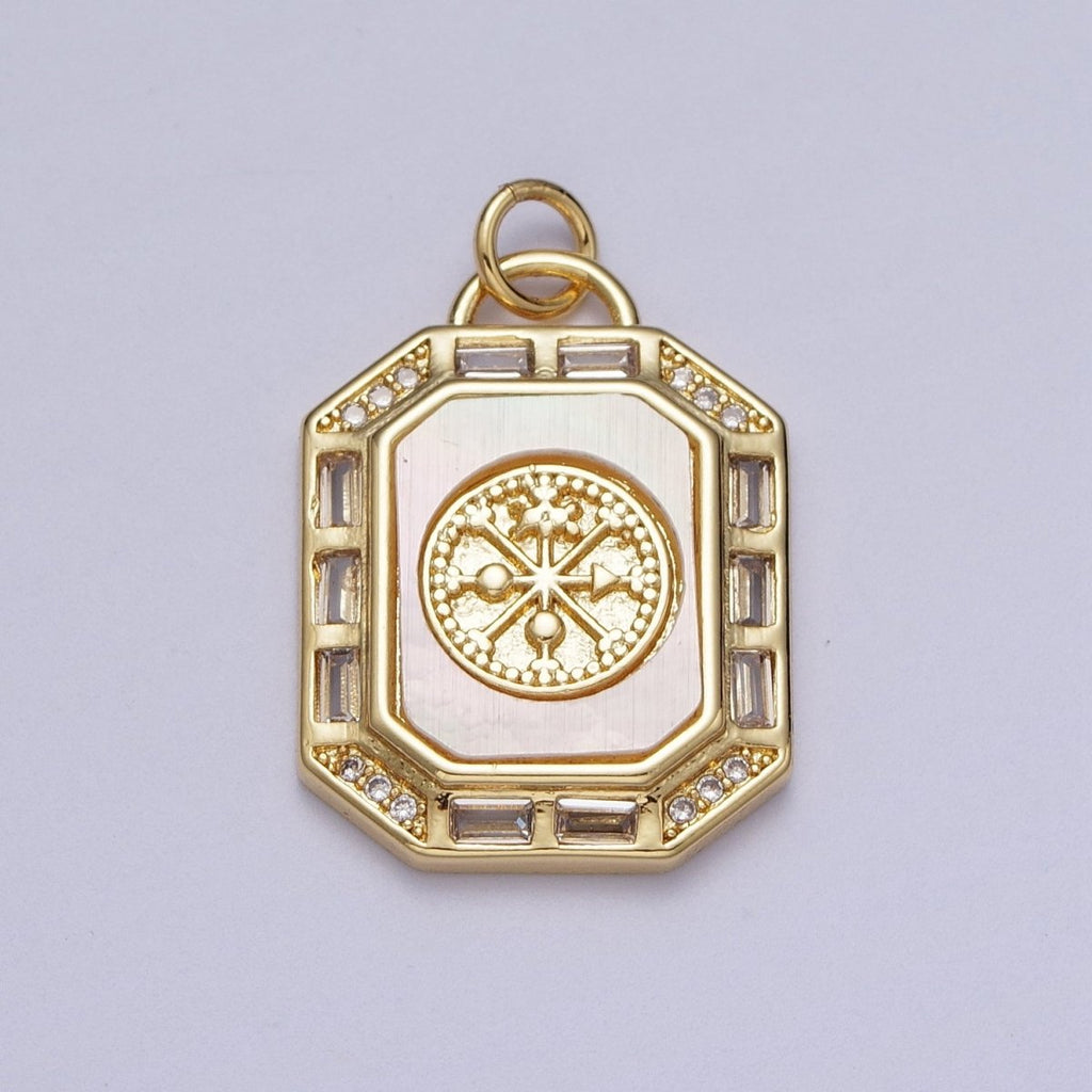 24K Gold plated Shell Pearl, Abalone Tag Tile Compass Baguette Octagonal Charm E-743 N-390 - DLUXCA