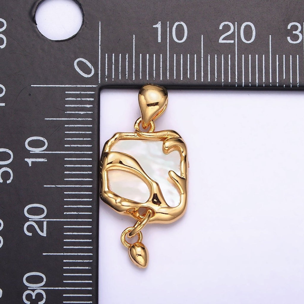 24K Gold plated Shell Pearl Abstract Molten Square Drop Pendant | AA585 - DLUXCA