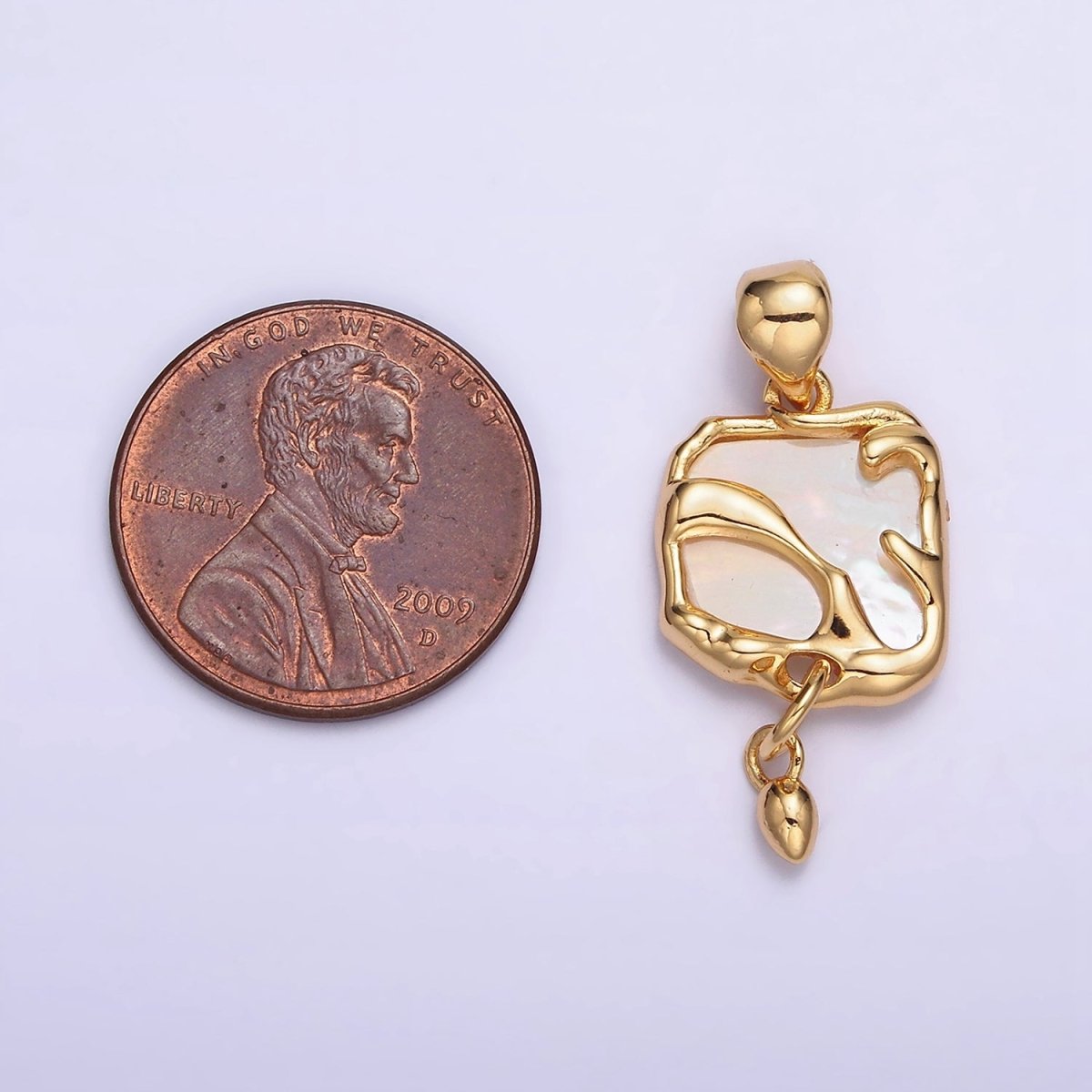 24K Gold plated Shell Pearl Abstract Molten Square Drop Pendant | AA585 - DLUXCA
