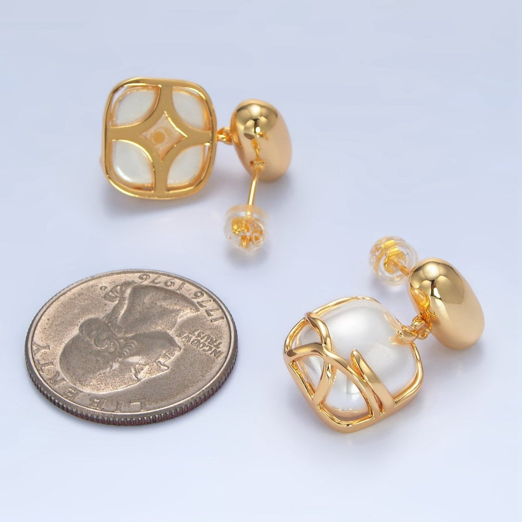 24K Gold plated Shell Pearl Band Square Rectangle Drop Stud Earrings | P034 - DLUXCA