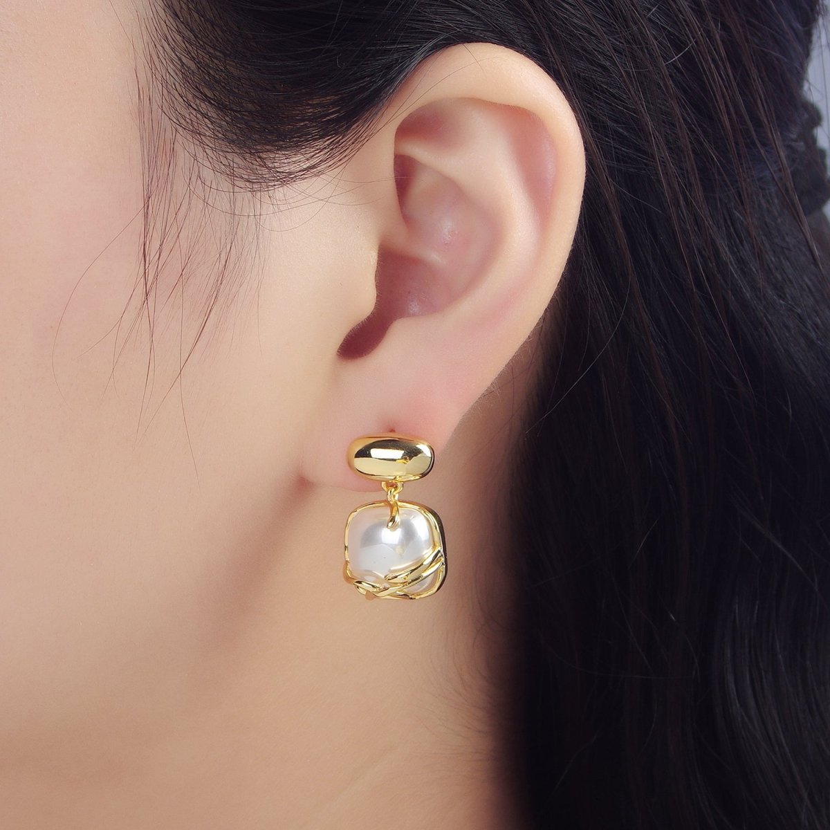 24K Gold plated Shell Pearl Band Square Rectangle Drop Stud Earrings | P034 - DLUXCA