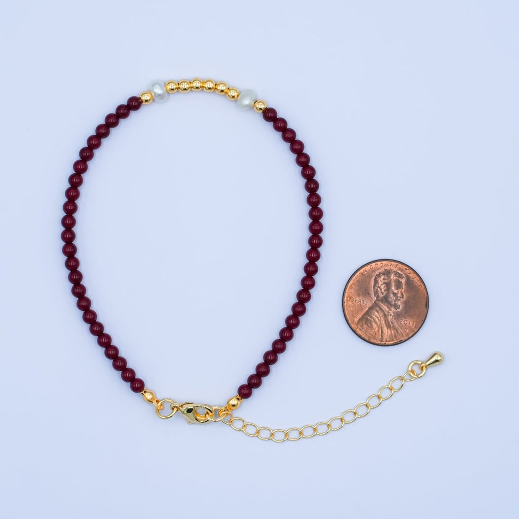 24K Gold plated Shell Pearl Bead Carnelian Gemstone 7.5 Bracelet | WA - 2879 