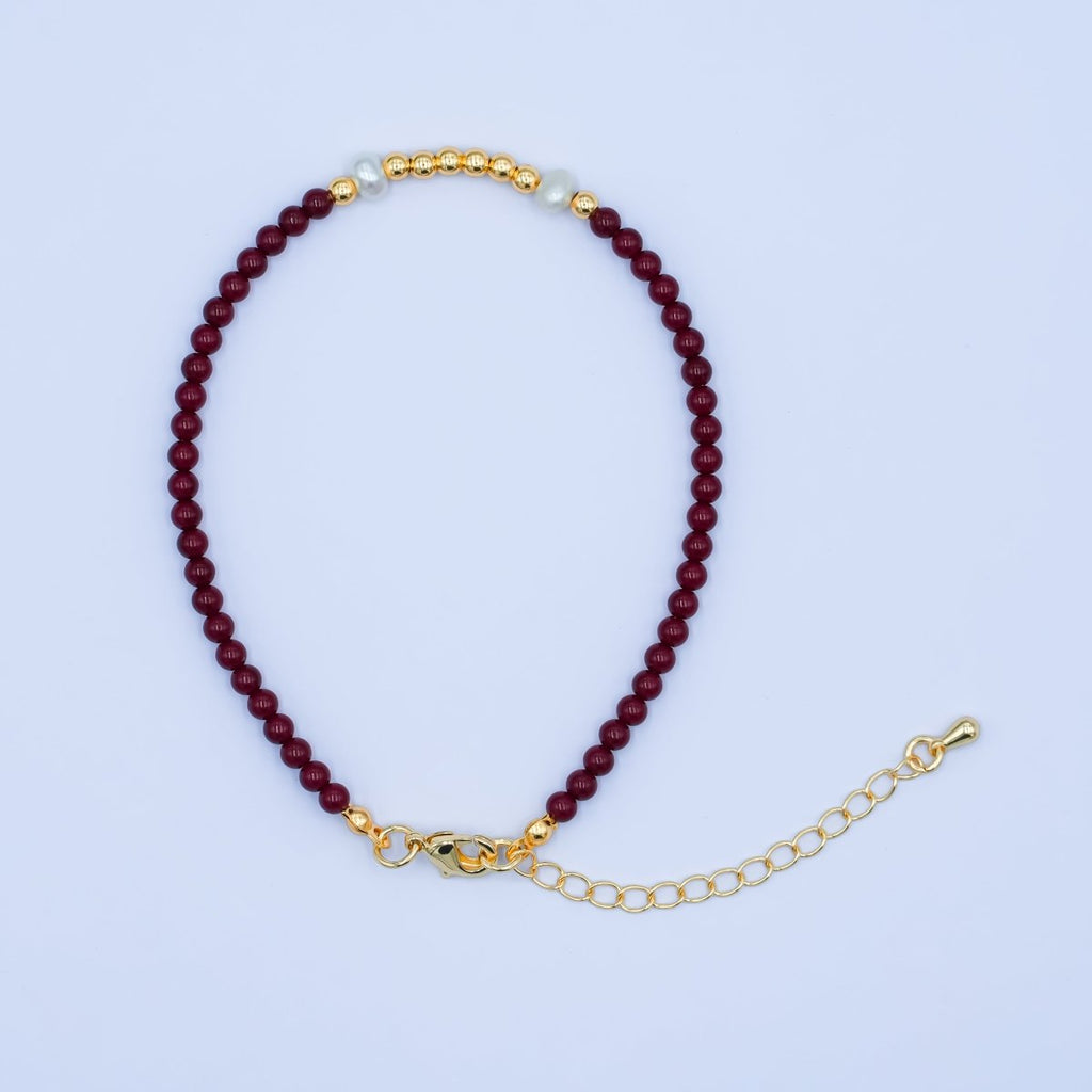 24K Gold plated Shell Pearl Bead Carnelian Gemstone 7.5 Bracelet | WA - 2879 