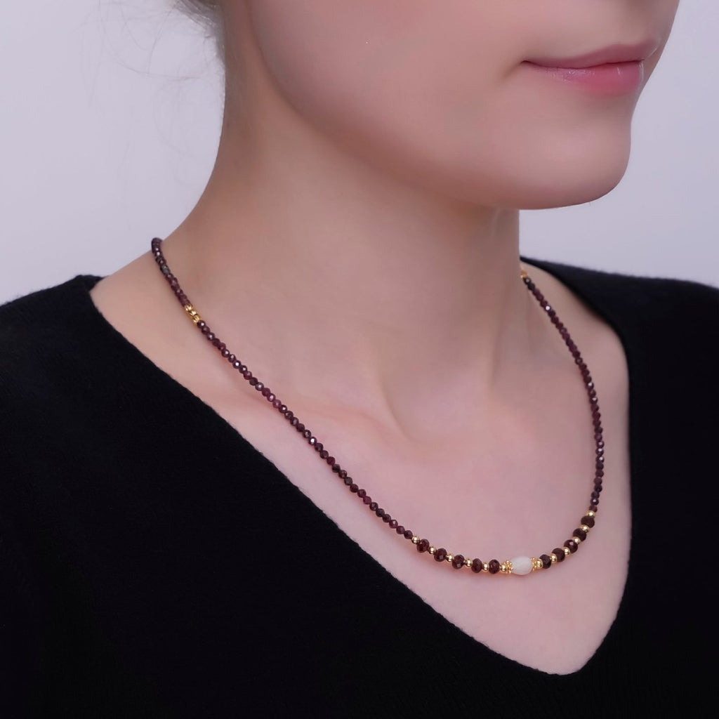 24K Gold plated Shell Pearl Bead Carnelian Red Multifaceted Crystal Gemstone 18 Inch Necklace | WA - 2878 