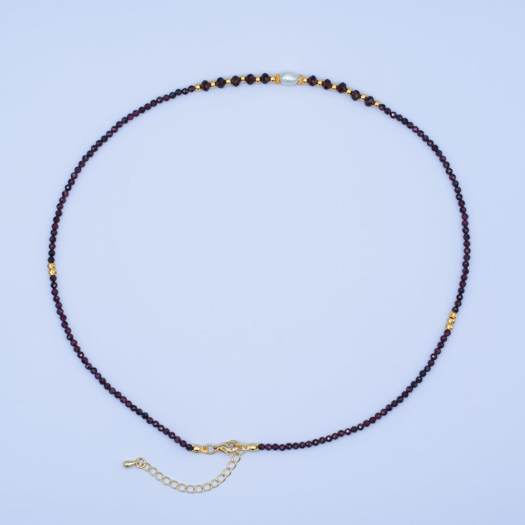 24K Gold plated Shell Pearl Bead Carnelian Red Multifaceted Crystal Gemstone 18 Inch Necklace | WA - 2878 