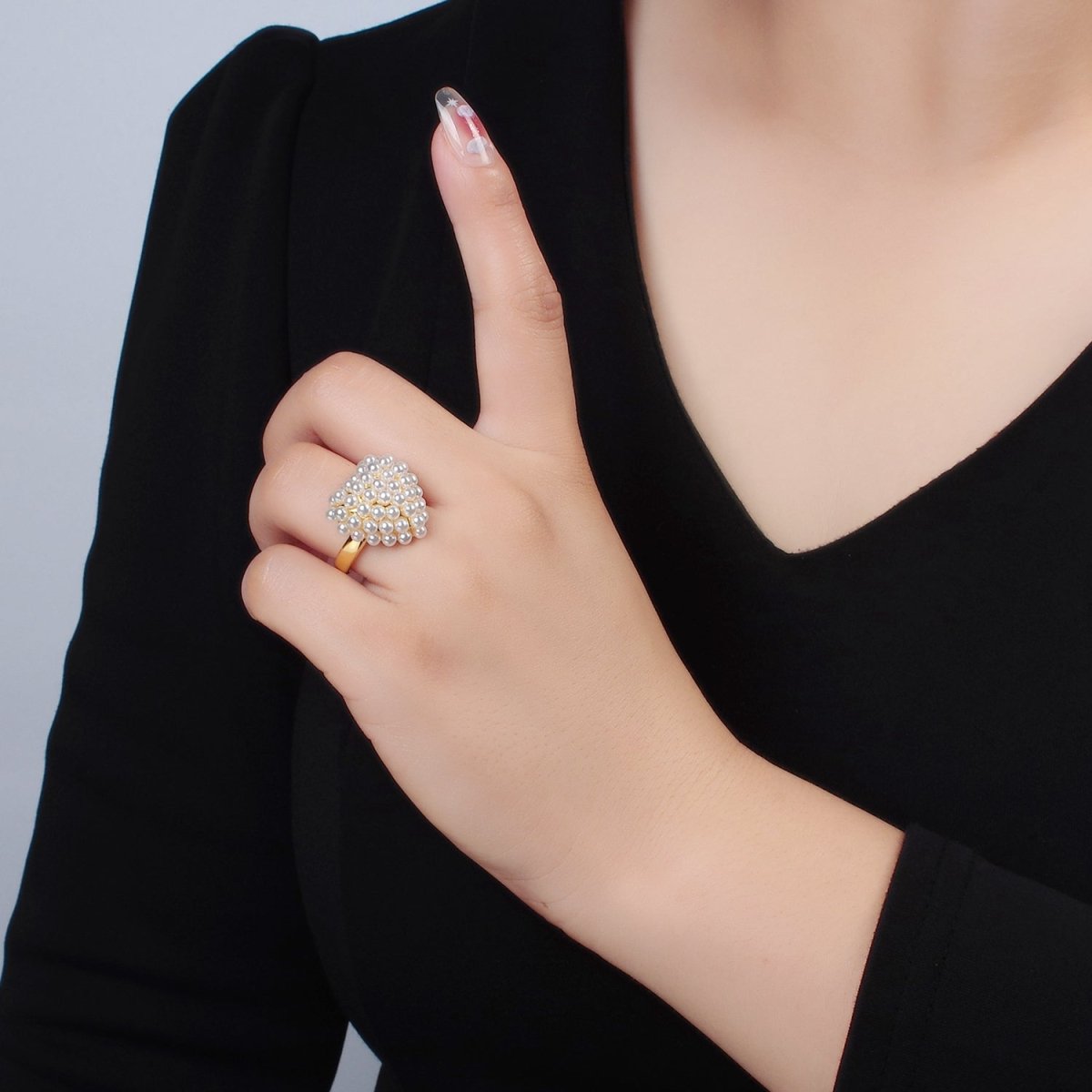 24K Gold plated Shell Pearl Beaded Bubble Heart Signet Ring | O1396 - DLUXCA