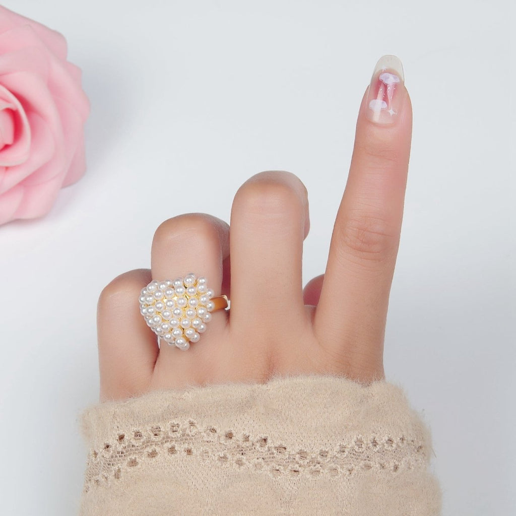 24K Gold plated Shell Pearl Beaded Bubble Heart Signet Ring | O1396 - DLUXCA