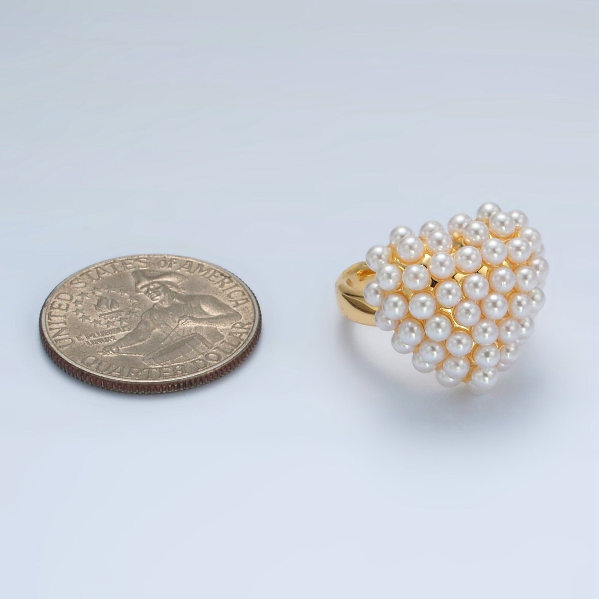24K Gold plated Shell Pearl Beaded Bubble Heart Signet Ring | O1396 - DLUXCA