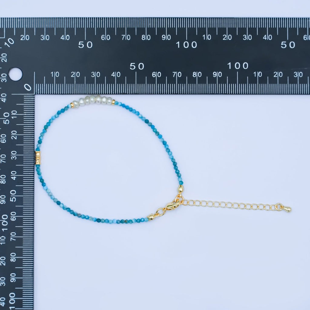 24K Gold plated Shell Pearl Blue Aquamarine Gemstone 8 Inch Bracelet | WA - 2880 