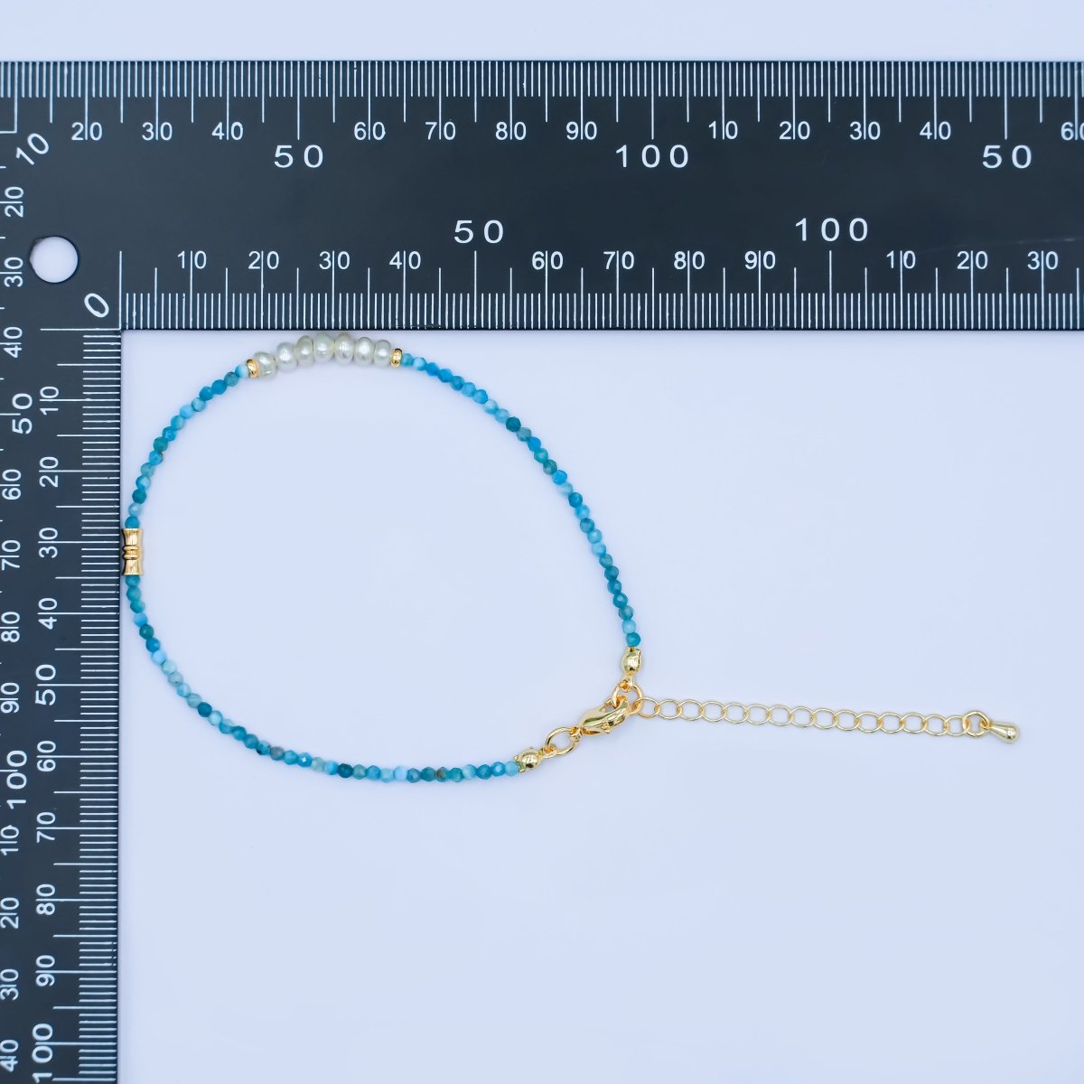 24K Gold plated Shell Pearl Blue Aquamarine Gemstone 8 Inch Bracelet | WA - 2880 