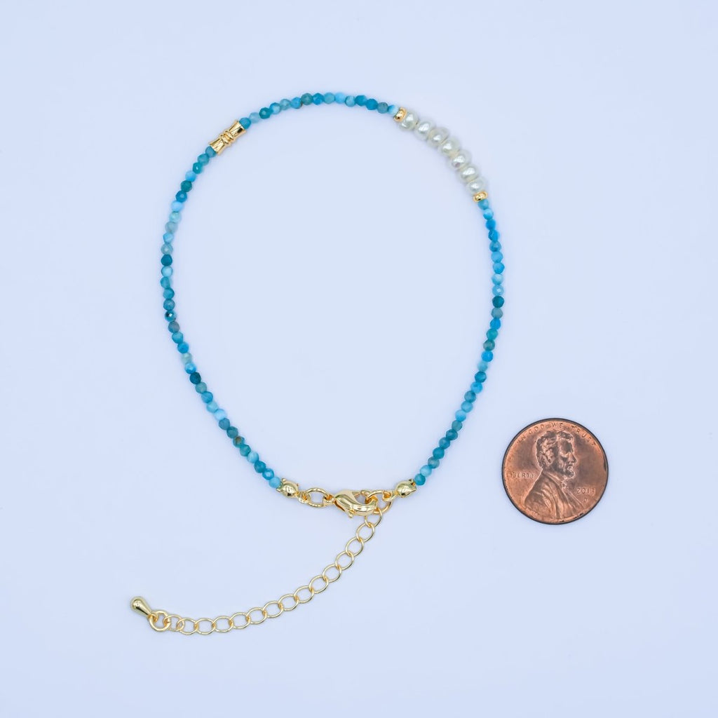 24K Gold plated Shell Pearl Blue Aquamarine Gemstone 8 Inch Bracelet | WA - 2880 