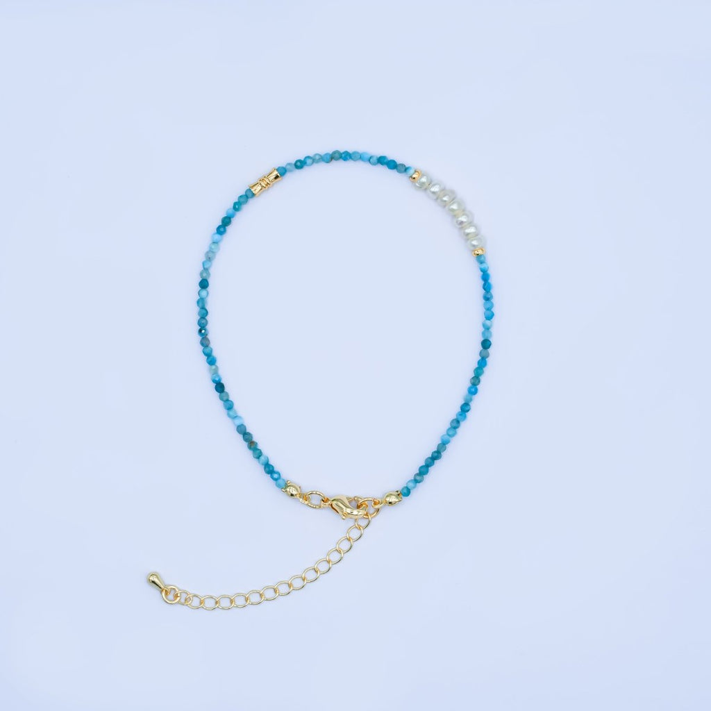 24K Gold plated Shell Pearl Blue Aquamarine Gemstone 8 Inch Bracelet | WA - 2880 