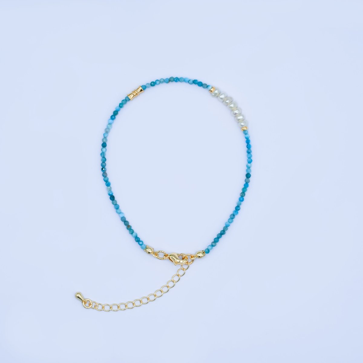 24K Gold plated Shell Pearl Blue Aquamarine Gemstone 8 Inch Bracelet | WA - 2880 