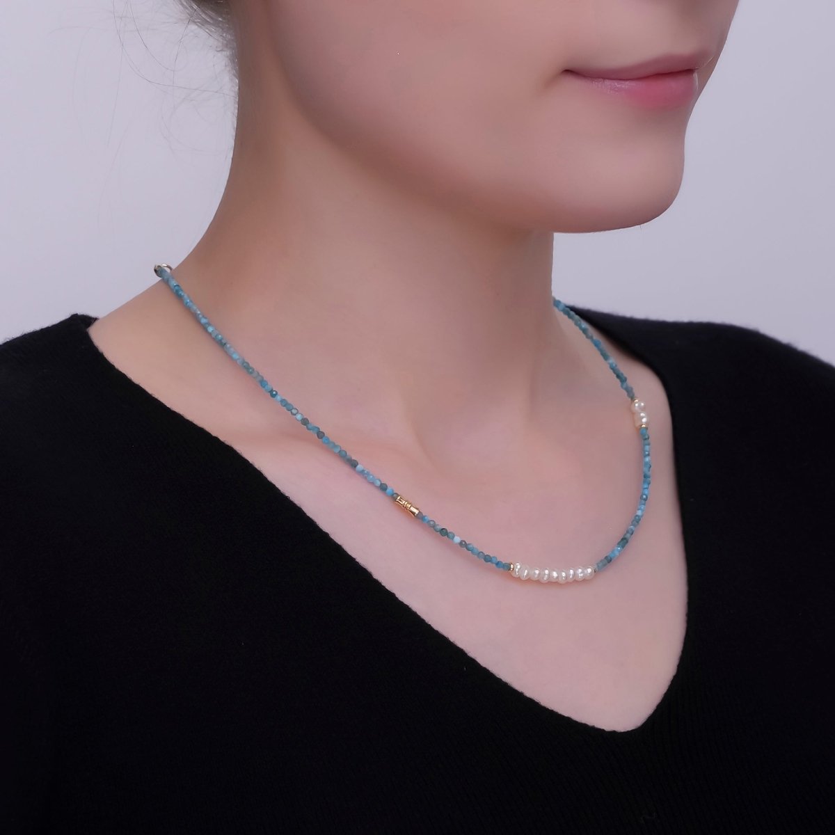 24K Gold plated Shell Pearl Blue Gemstone Gemstone Bead 17 Inch Necklace | WA - 2866 - DLUXCA