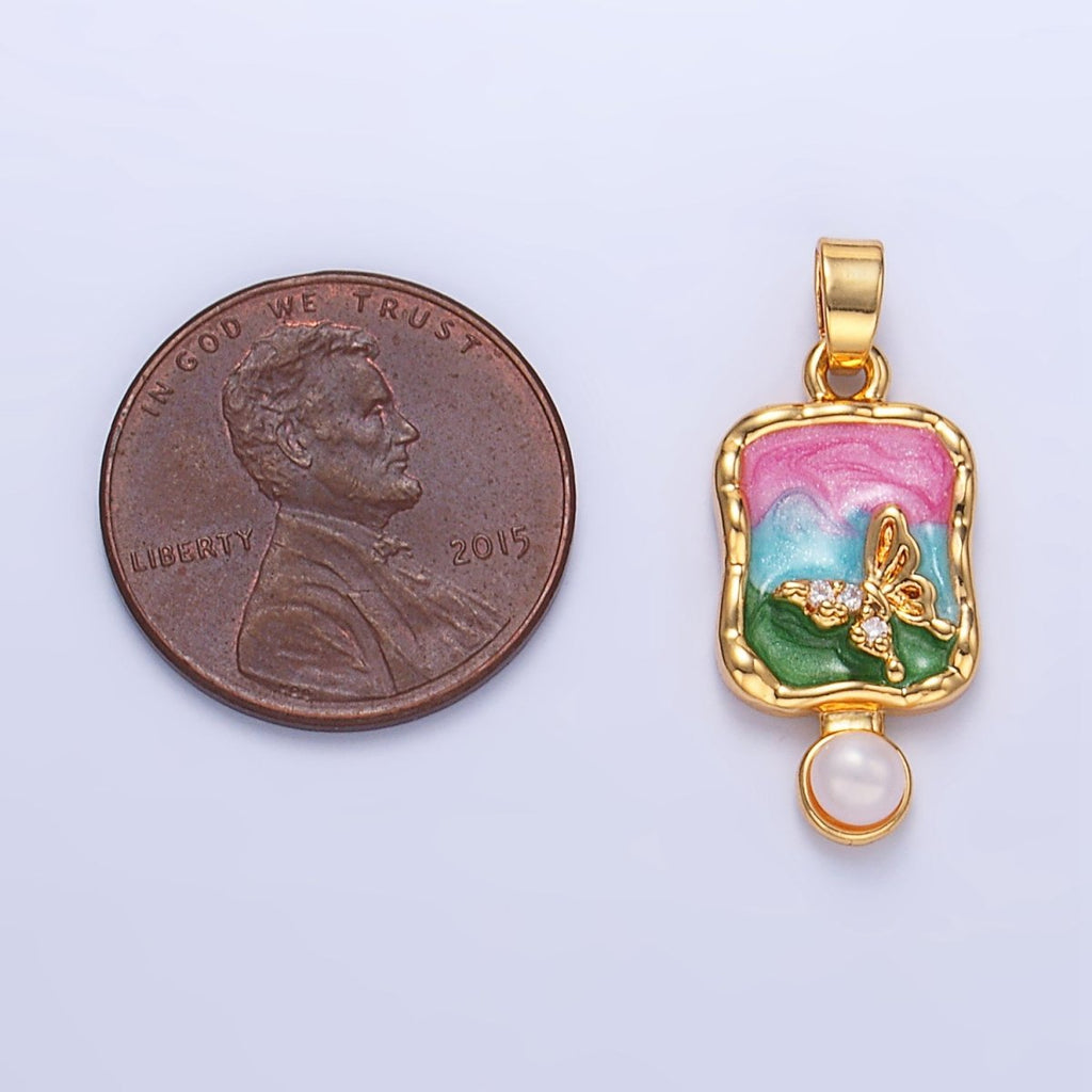 24K Gold plated Shell Pearl Butterfly CZ Multicolor Enamel Molten Pendant | AA1037 - DLUXCA