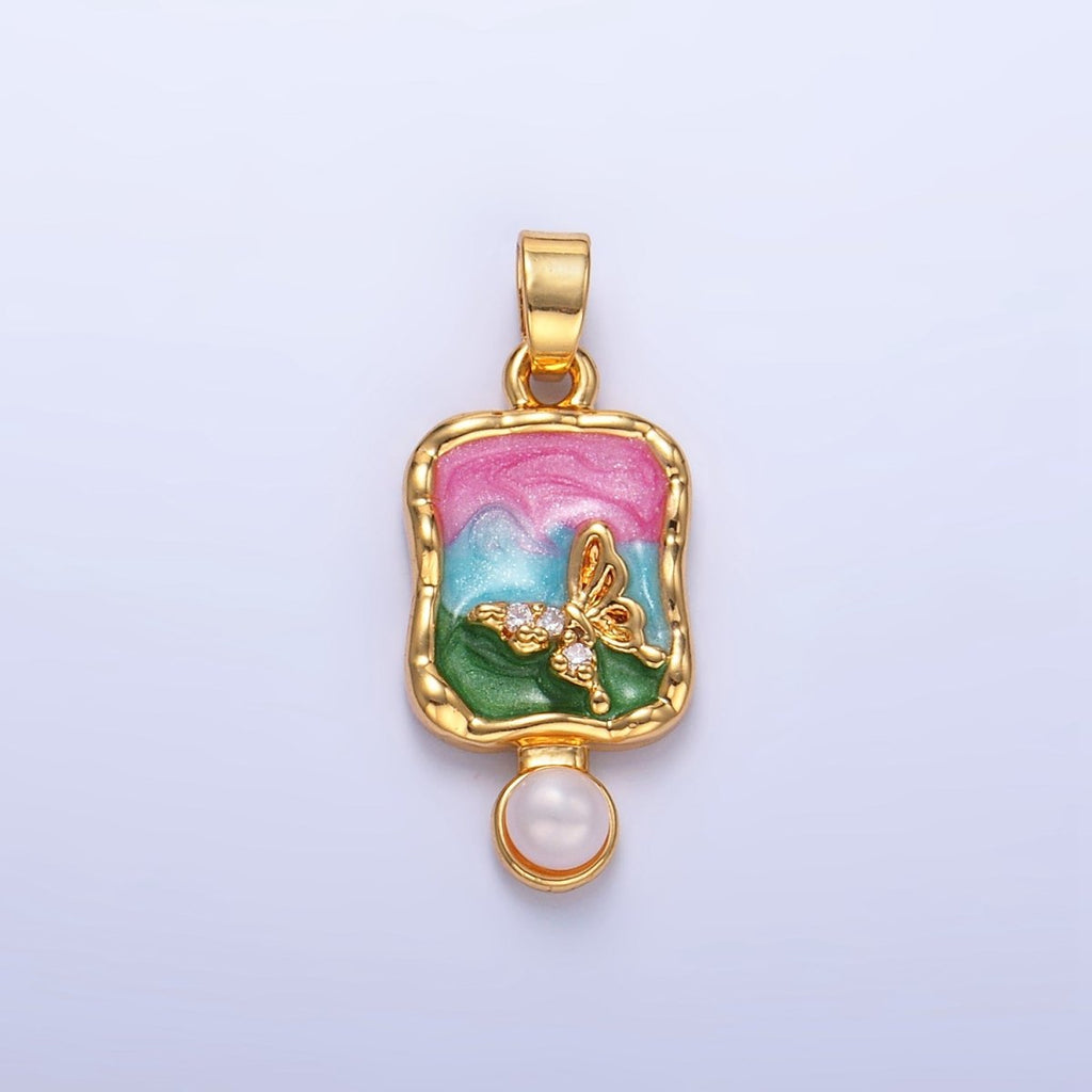 24K Gold plated Shell Pearl Butterfly CZ Multicolor Enamel Molten Pendant | AA1037 - DLUXCA