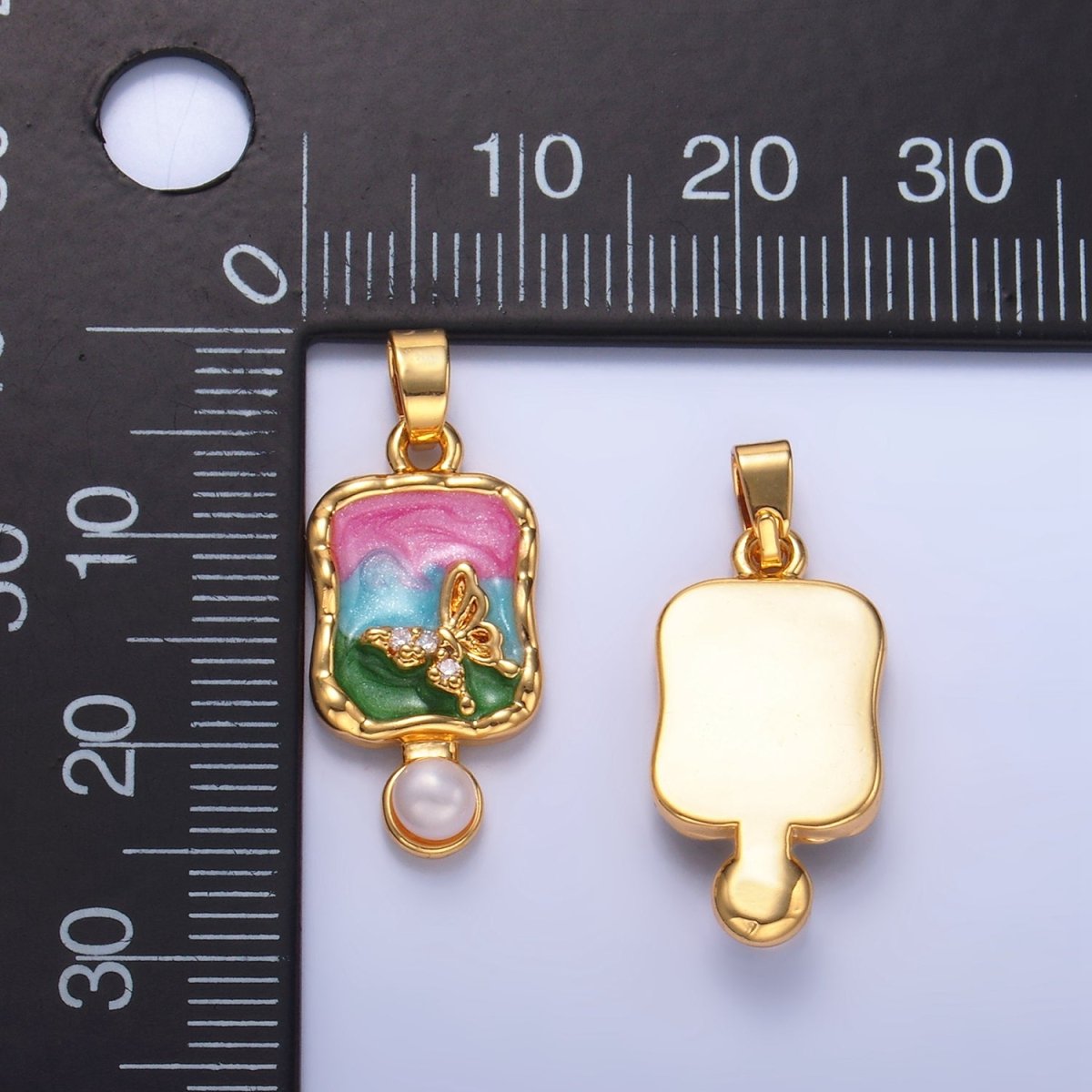 24K Gold plated Shell Pearl Butterfly CZ Multicolor Enamel Molten Pendant | AA1037 - DLUXCA