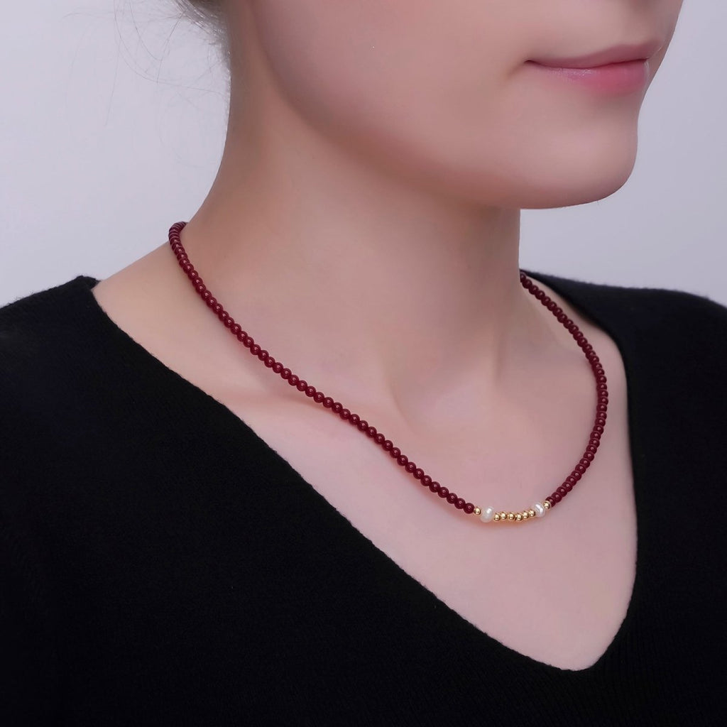 24K Gold plated Shell Pearl Carnelian Bead Gemstone Gemstone 17 Inch Necklace | WA - 2865 