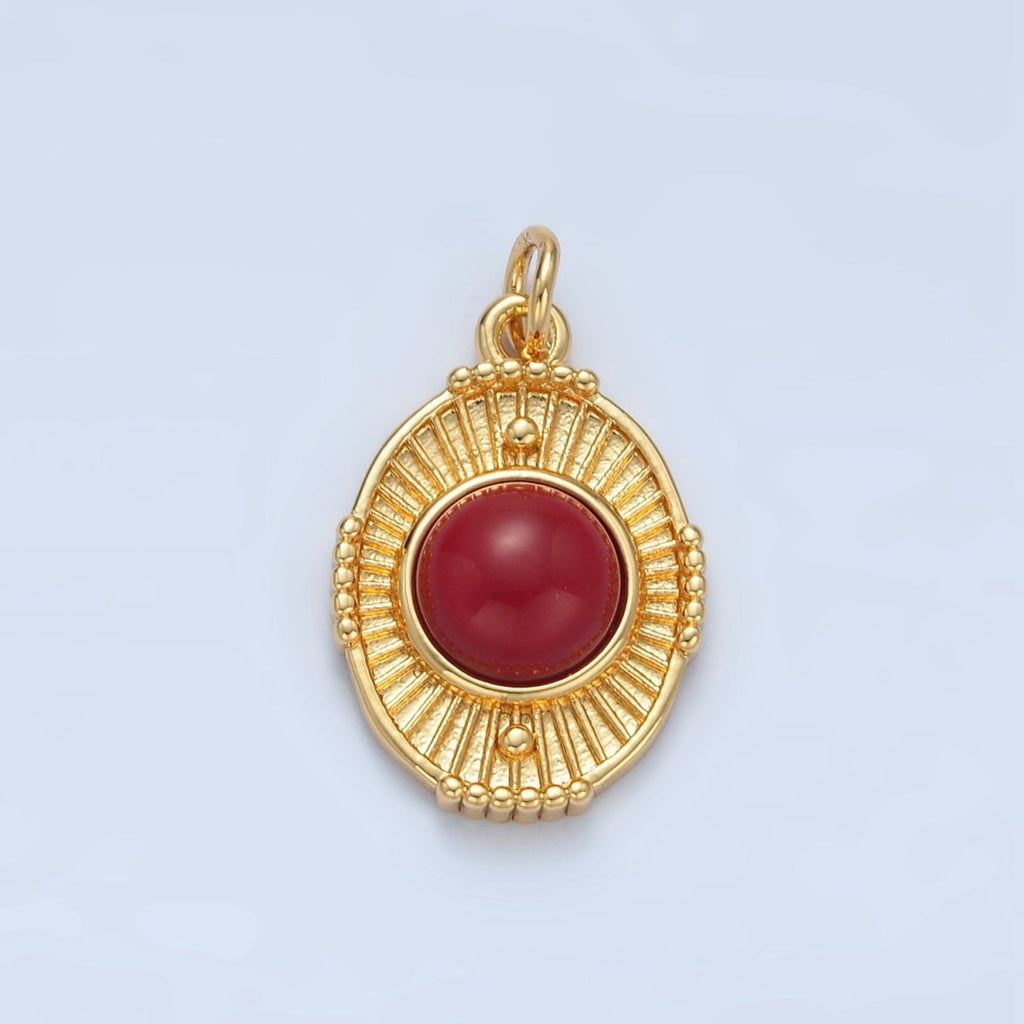 24K Gold plated Shell Pearl, Carnelian Beaded Sunburst Oval Charm | X594 - DLUXCA