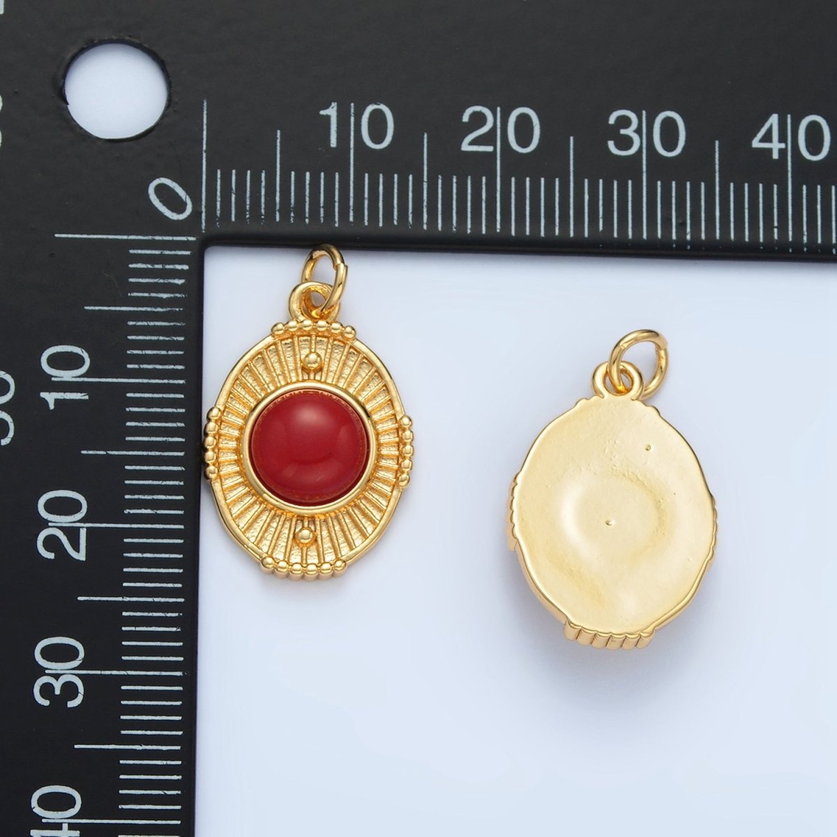 24K Gold plated Shell Pearl, Carnelian Beaded Sunburst Oval Charm | X594 - DLUXCA