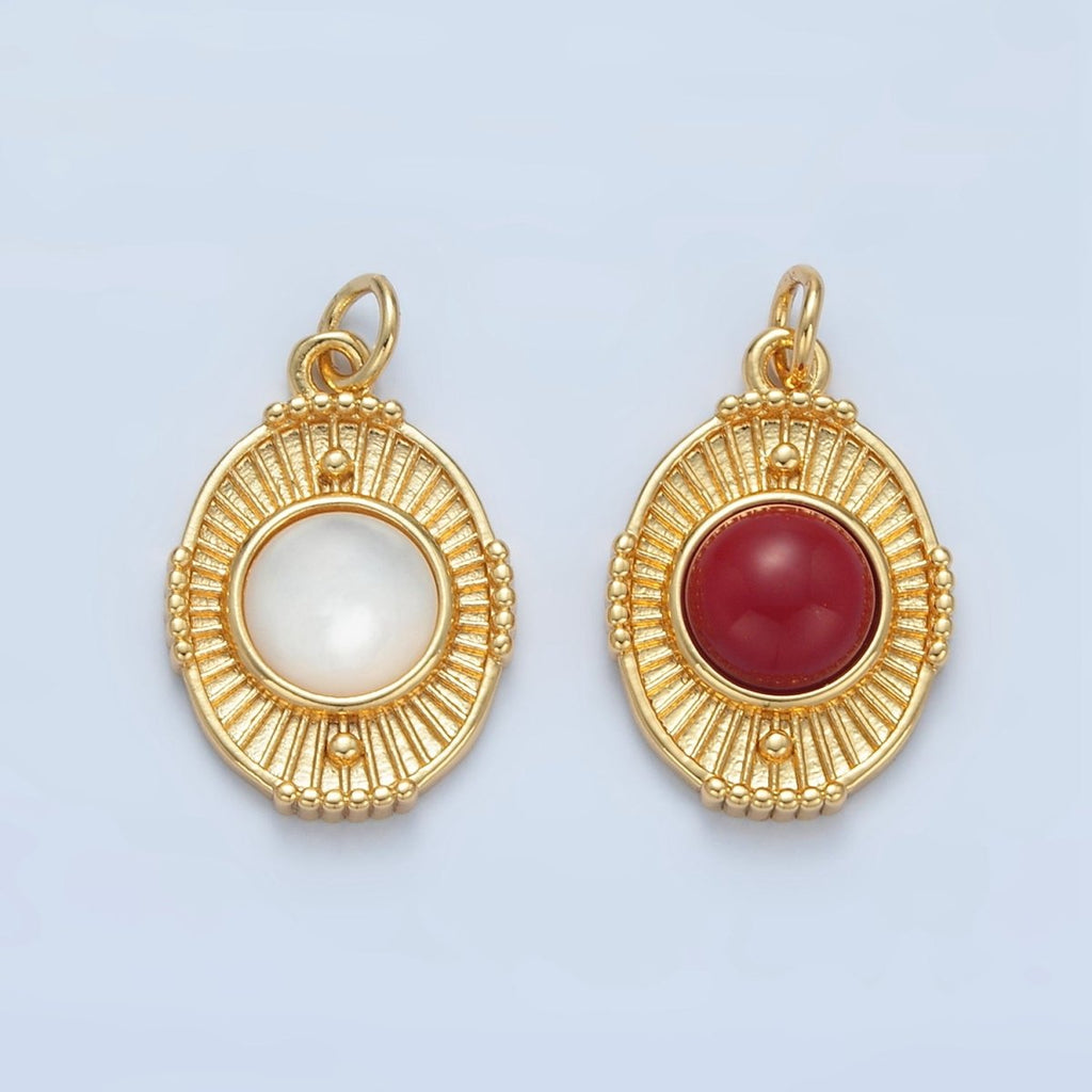 24K Gold plated Shell Pearl, Carnelian Beaded Sunburst Oval Charm | X594 - DLUXCA