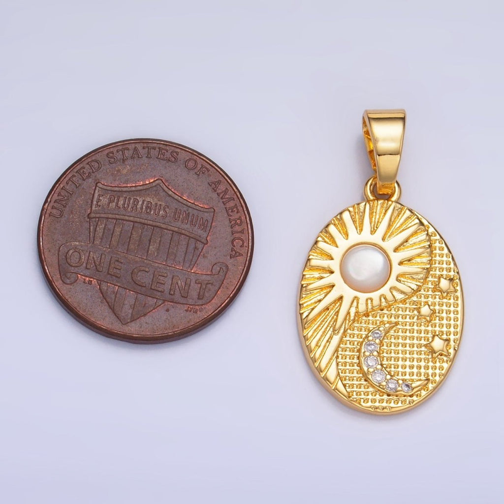 24K Gold plated Shell Pearl Celestial Moon Star Sun Sunburst Oval Pendant in Gold & Silver | AA1021