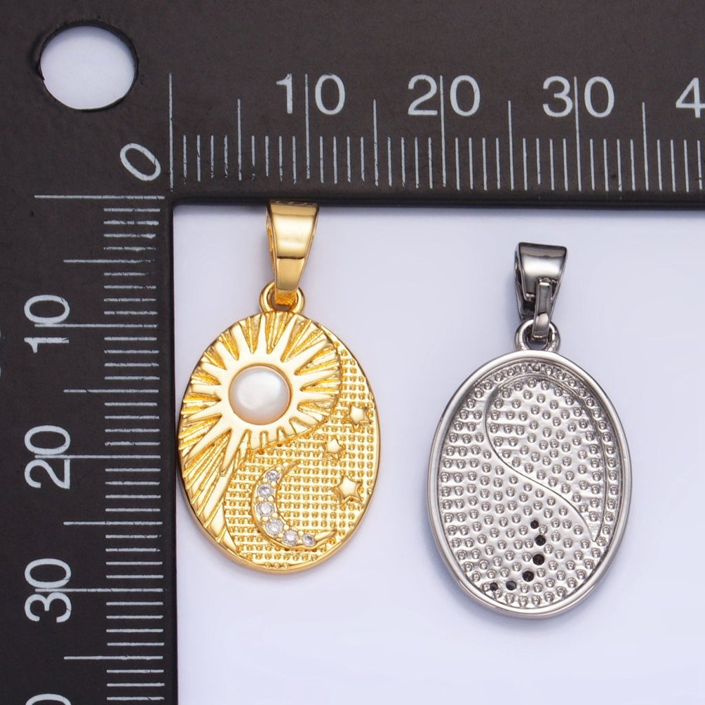 24K Gold plated Shell Pearl Celestial Moon Star Sun Sunburst Oval Pendant in Gold & Silver | AA1021