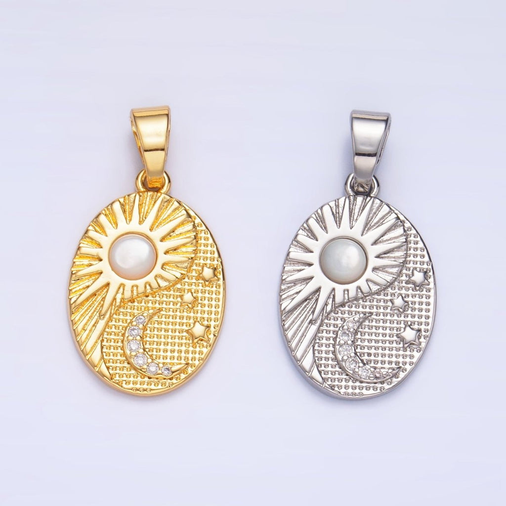 24K Gold plated Shell Pearl Celestial Moon Star Sun Sunburst Oval Pendant in Gold & Silver | AA1021